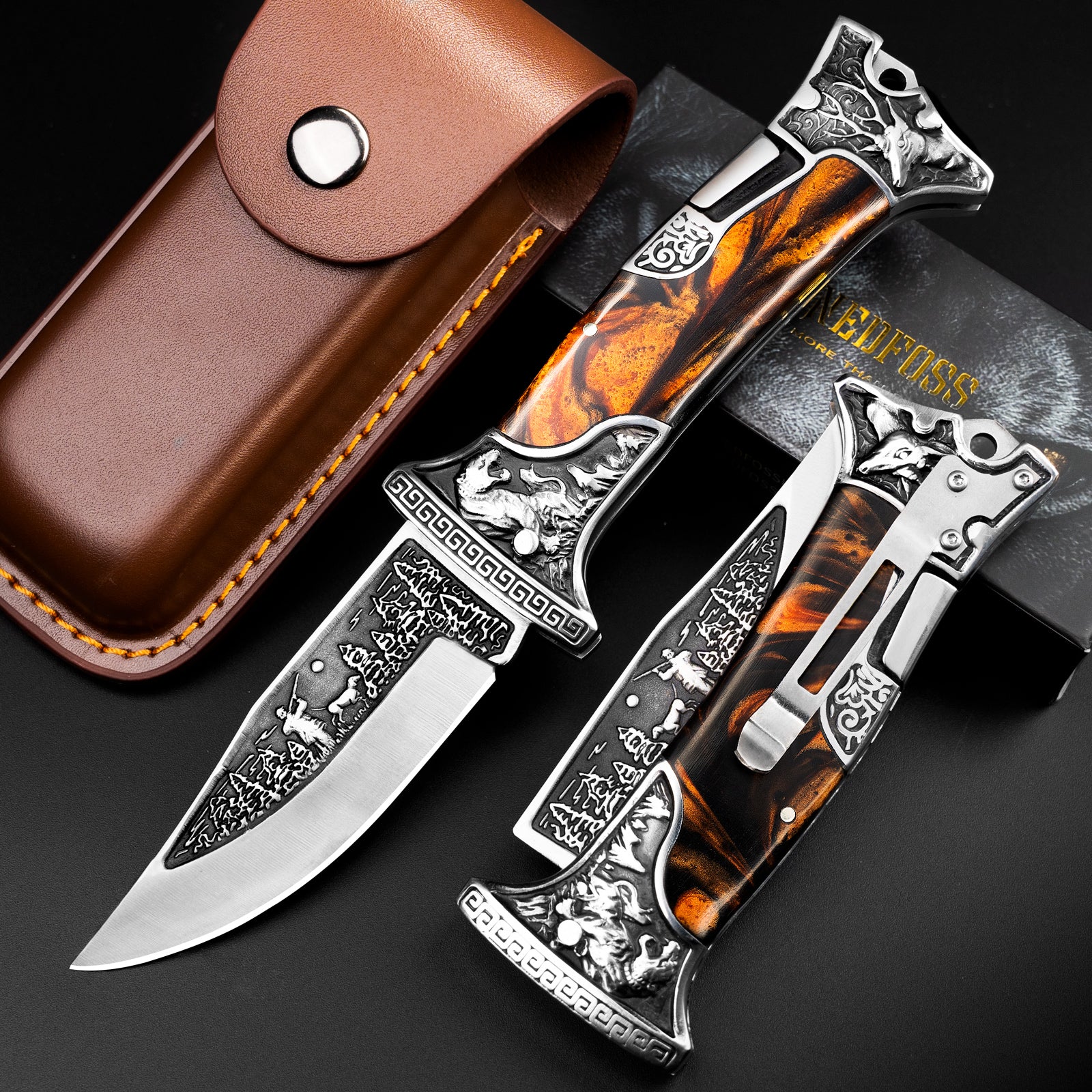 NedFoss tiger-shark 2.75 Damascus Pocket Knife with Engraved