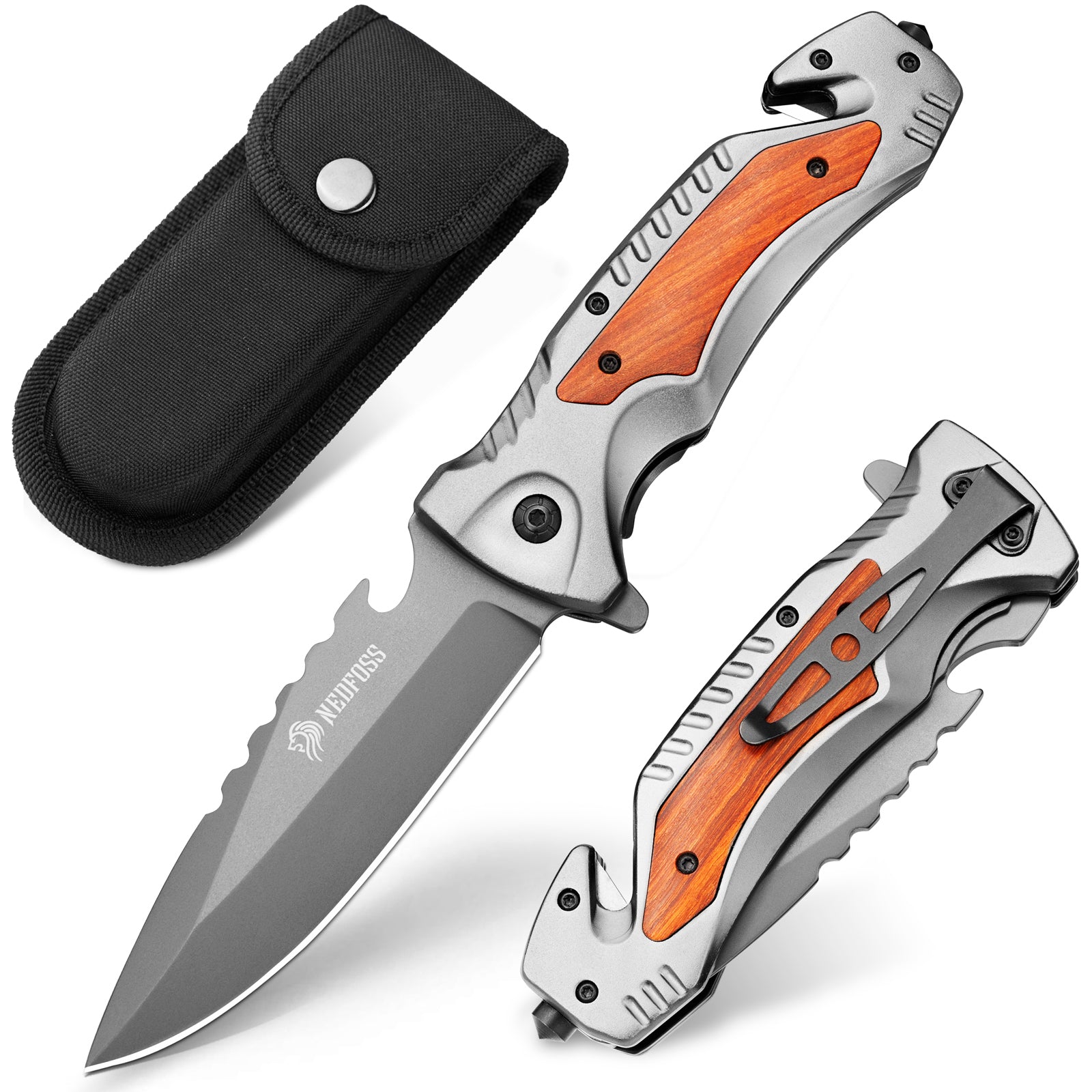  NedFoss Pocket Folding Knife DA75, 3 in 1 Pocket Knife for Men,  Survival Knife with Liner-Lock Belt Clip, Seat Belt Cutter, Glass Breaker,  Hunting knife for Camping Hiking : Tools 