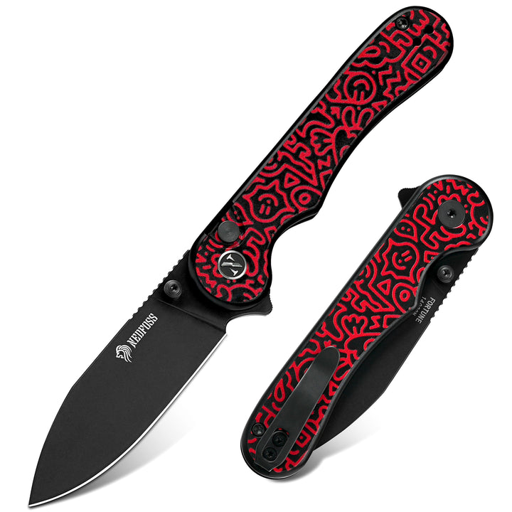 NedFoss FORTUNE Red Pocket Knife for Men, 2.9" Blade Small EDC Knife for Women, 14C28N Steel Button Lock Knife, Smile Graffiti Design Aluminum Handle Folding Knife For Gift