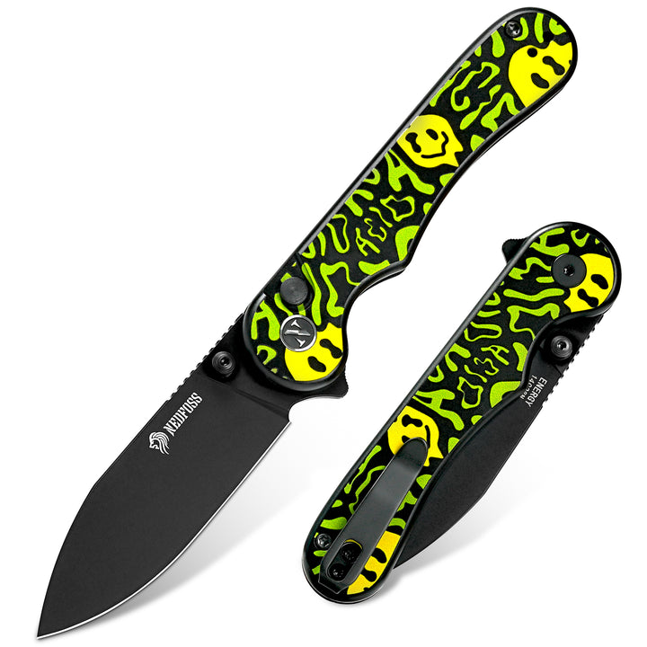 NedFoss ENERGY Green Pocket Knife for Men, 2.96" 14C28N Steel Blade EDC Knife for Women, 14C28N Small Button Lock Knife, Unique Smile Graffiti Design Aluminum Handle Folding Knife For Hiking Camping Gift