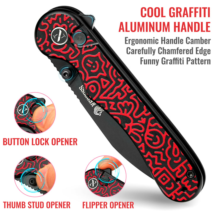 NedFoss FORTUNE Red Pocket Knife for Men, 2.9" Blade Small EDC Knife for Women, 14C28N Steel Button Lock Knife, Smile Graffiti Design Aluminum Handle Folding Knife For Gift