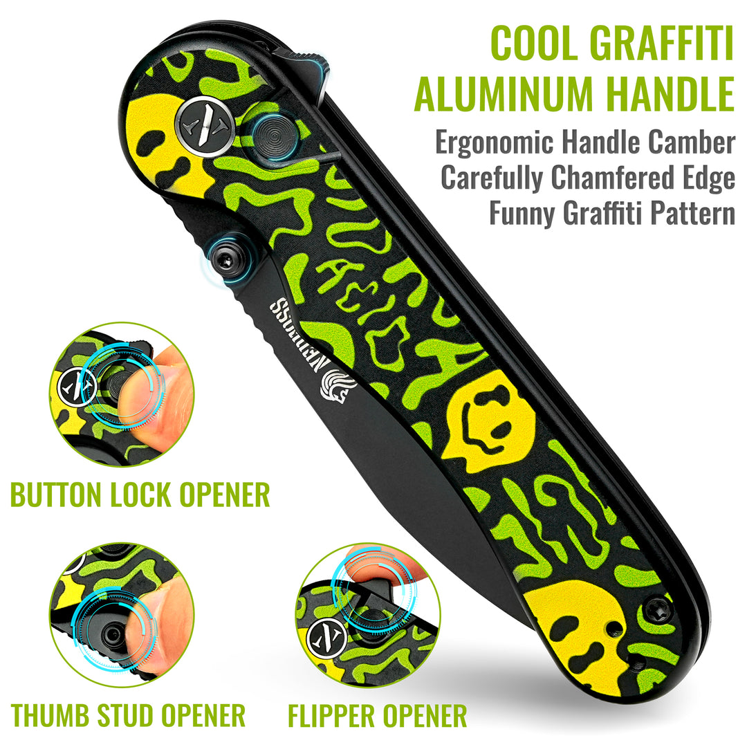 NedFoss ENERGY Green Pocket Knife for Men, 2.96" 14C28N Steel Blade EDC Knife for Women, 14C28N Small Button Lock Knife, Unique Smile Graffiti Design Aluminum Handle Folding Knife For Hiking Camping Gift