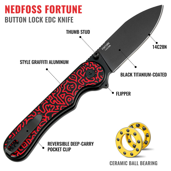 NedFoss FORTUNE Red Pocket Knife for Men, 2.9" Blade Small EDC Knife for Women, 14C28N Steel Button Lock Knife, Smile Graffiti Design Aluminum Handle Folding Knife For Gift