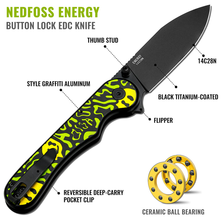 NedFoss ENERGY Green Pocket Knife for Men, 2.96" 14C28N Steel Blade EDC Knife for Women, 14C28N Small Button Lock Knife, Unique Smile Graffiti Design Aluminum Handle Folding Knife For Hiking Camping Gift