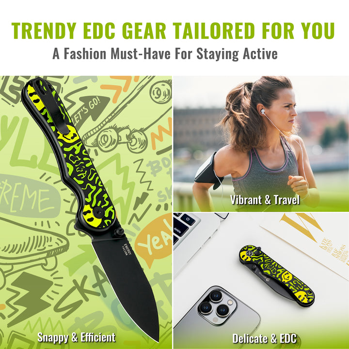 NedFoss ENERGY Green Pocket Knife for Men, 2.96" 14C28N Steel Blade EDC Knife for Women, 14C28N Small Button Lock Knife, Unique Smile Graffiti Design Aluminum Handle Folding Knife For Hiking Camping Gift