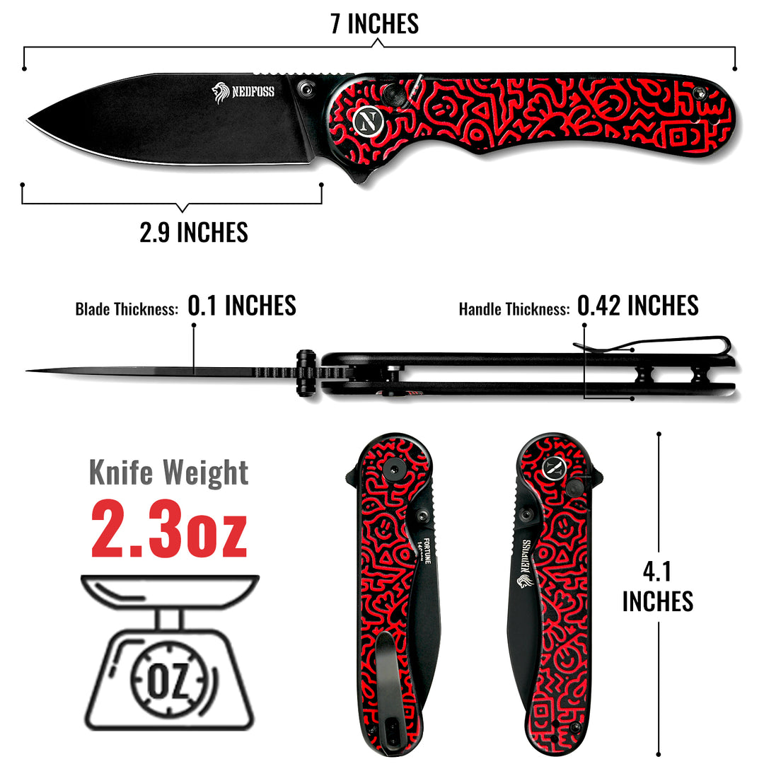 NedFoss FORTUNE Red Pocket Knife for Men, 2.9" Blade Small EDC Knife for Women, 14C28N Steel Button Lock Knife, Smile Graffiti Design Aluminum Handle Folding Knife For Gift