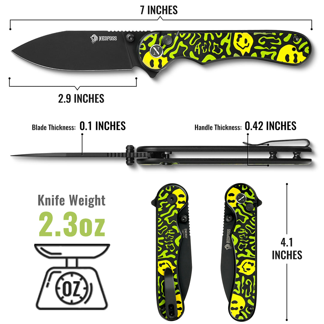 NedFoss ENERGY Green Pocket Knife for Men, 2.96" 14C28N Steel Blade EDC Knife for Women, 14C28N Small Button Lock Knife, Unique Smile Graffiti Design Aluminum Handle Folding Knife For Hiking Camping Gift