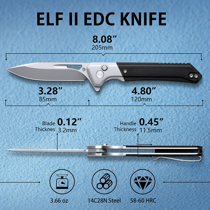 NedFoss ELF II Pocket Knife, 3.28" 14C28N Blade Button Lock EDC Knife with G10 Handle