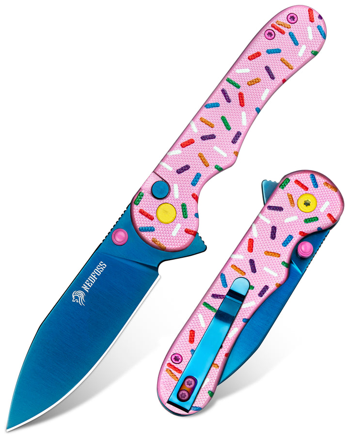 NEDFOSS DONUT Pocket Knife, 2.96" Blade Pink EDC Knife, 14C28N Steel Button Lock Knife