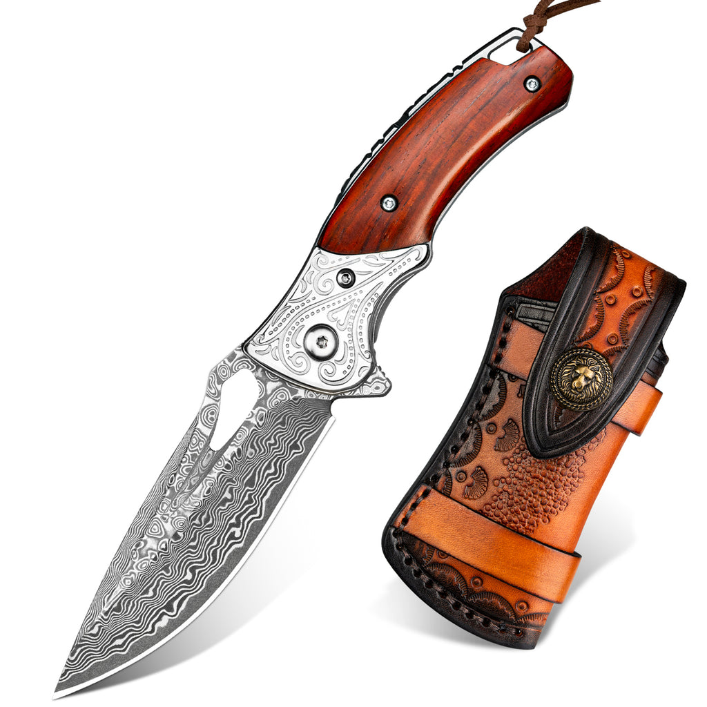 Handmade Damascus Steel Pocket on sale Knife - Damascus Steel Folding EDC With Cowhide Leather Sheath