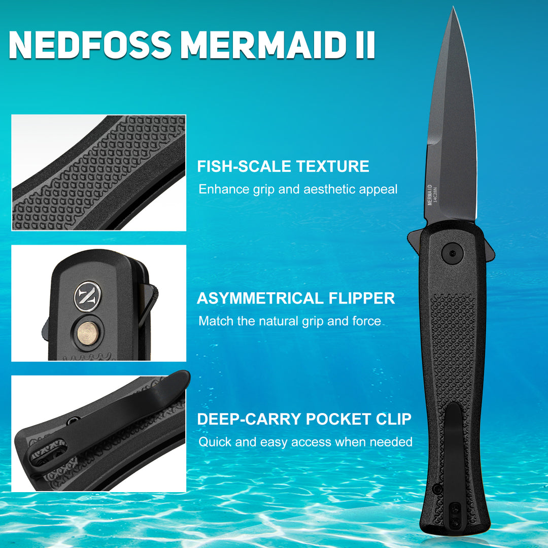 NedFoss MERMAID II Pocket Knife, 3.18" 14C28N Steel Small EDC Button Lock Knife with Aluminum Handle