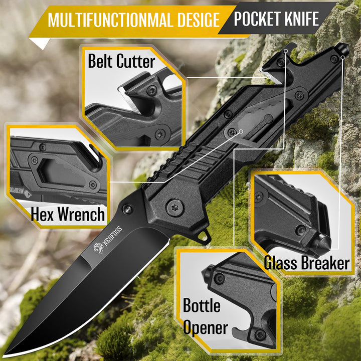 Nedfoss AK10 Tactical Pocket Folding Knife, 5 in 1 EDC Knife,3.6" 8CR14MOV Blade