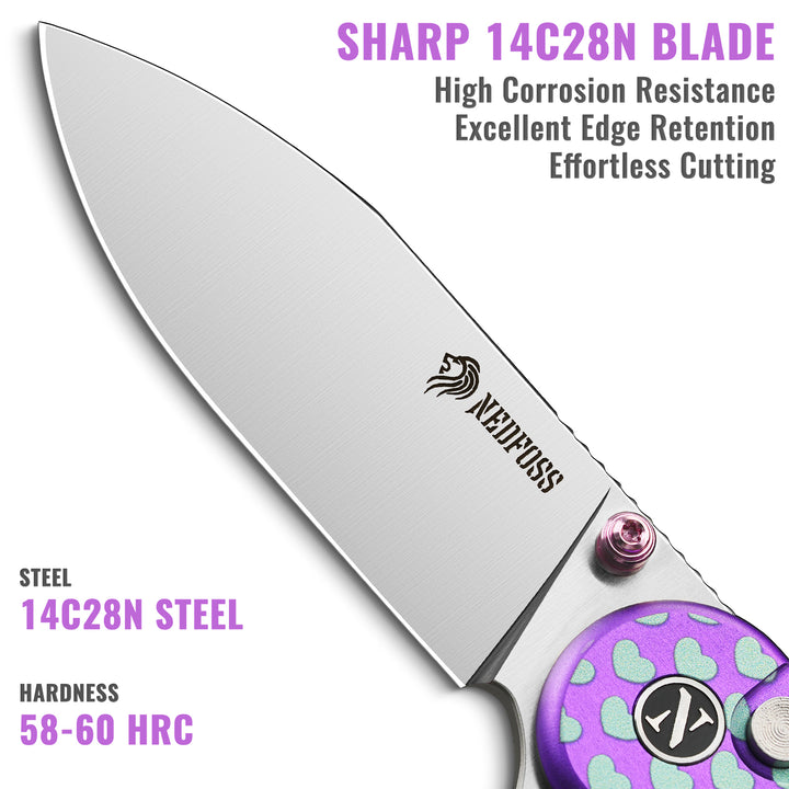 NedFoss SWEETHEART Violet Pocket Knife, 2.9" Blade EDC Knife, 14C28N Steel Button Lock Knife