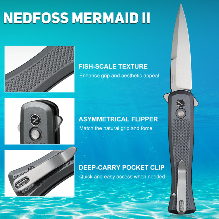 NedFoss MERMAID II Pocket Knife, 3.18" 14C28N Steel Small EDC Button Lock Knife with Aluminum Handle