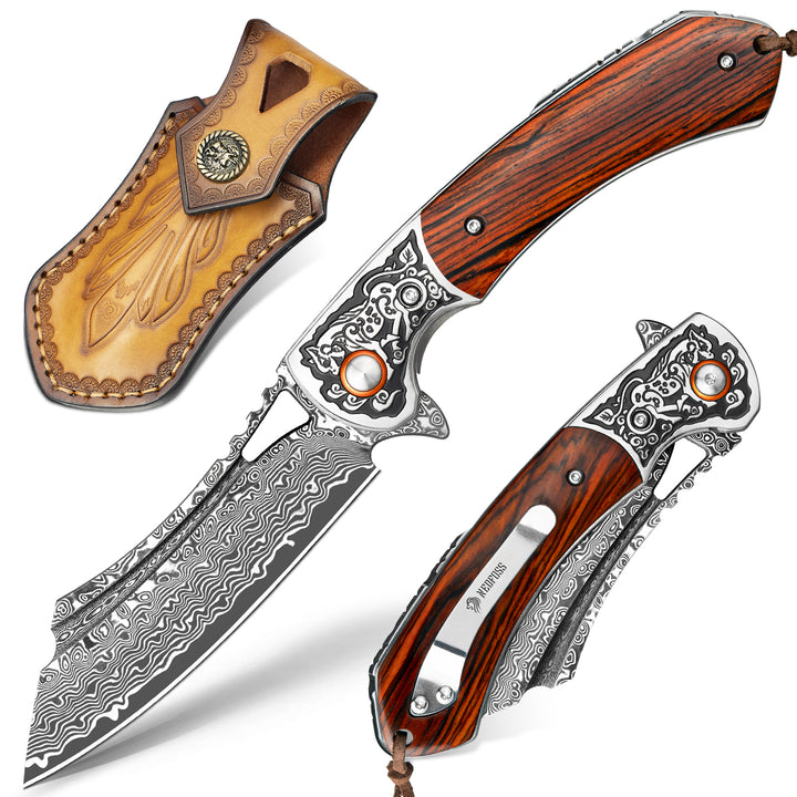 Nedfoss Unicorn Damascus Pocket Knife with Leather Sheath, 3.5"VG10 Steel Blade with Sandalwood Handle