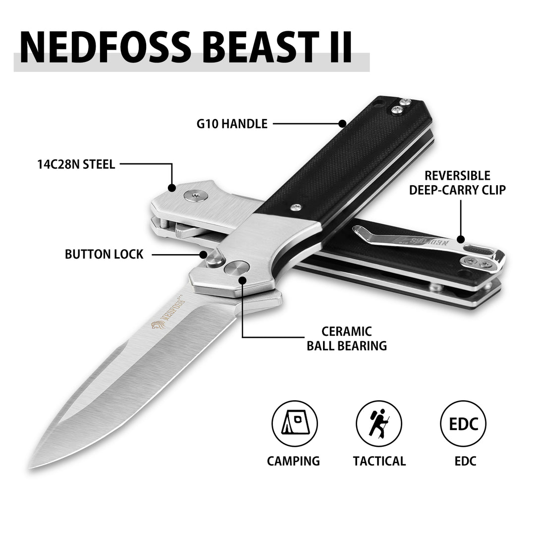 NedFoss BEAST Pocket Knife, 3.48" 14C28N Steel Blade Button Lock EDC Knife, Lightweight G10 Handle, Reversible Deep Pocket Clip, Tactical Knife for Men Women