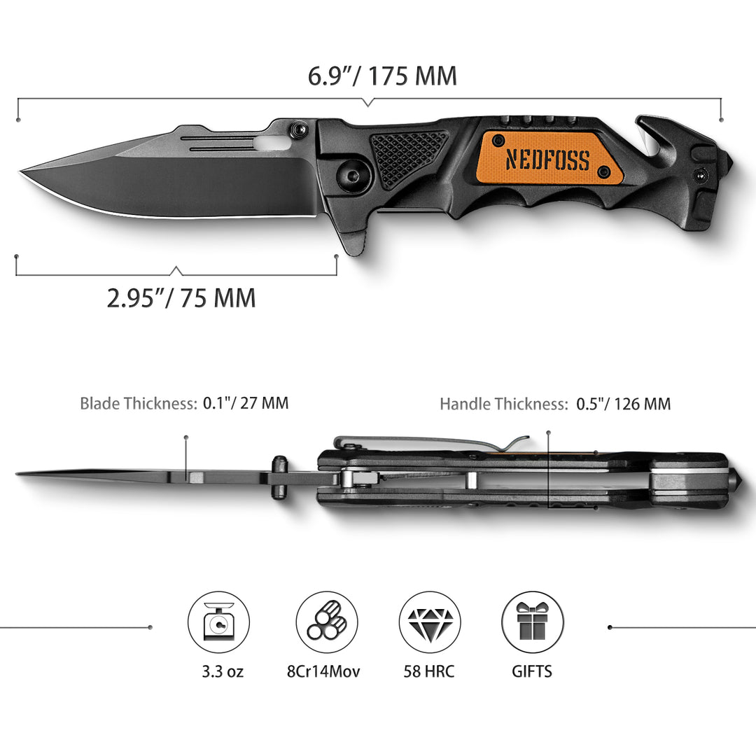 NedFoss DA75 Tactical Pocket Knife , 3 in 1 Folding Knife with Seat Belt Cutter, Glass Breaker