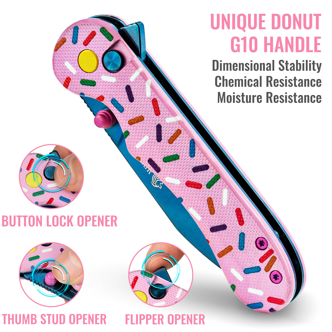 NEDFOSS DONUT Pocket Knife, 2.96" Blade Pink EDC Knife, 14C28N Steel Button Lock Knife