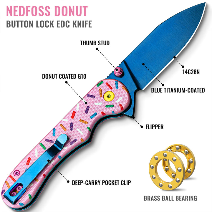 NEDFOSS DONUT Pocket Knife, 2.96" Blade Pink EDC Knife, 14C28N Steel Button Lock Knife