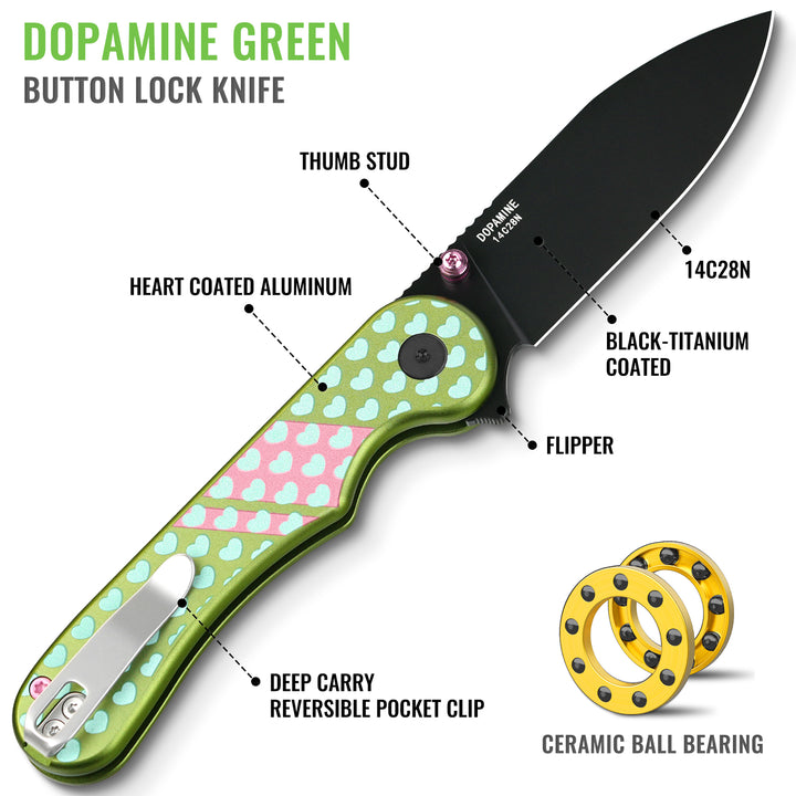 NedFoss DOPAMINE Pocket Knife for Men, 2.9" Blade Small EDC Knife, 14C28N Steel Button Lock Knife, Unique Heart Design Aluminum Handle Folding Women Knife