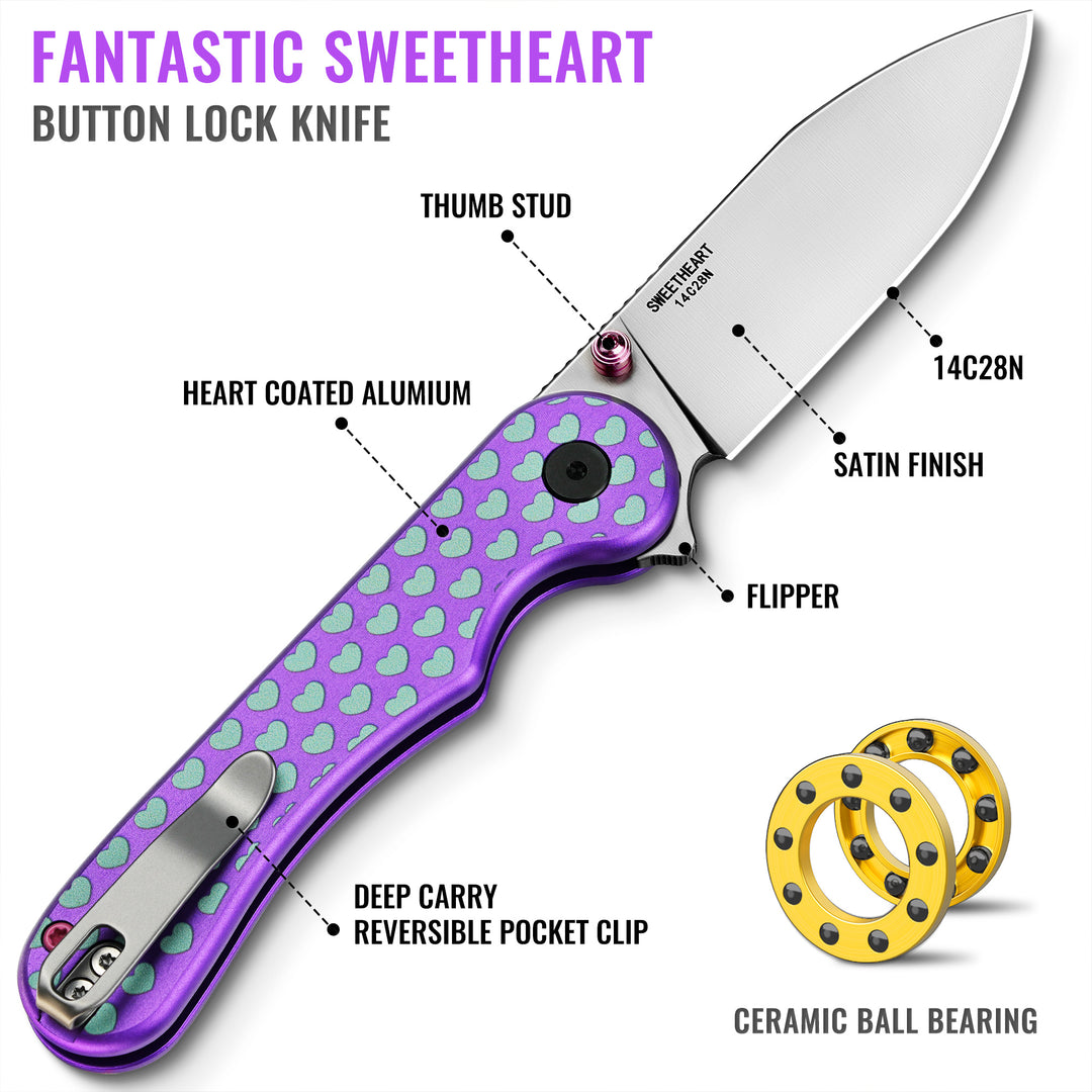 NedFoss SWEETHEART Violet Pocket Knife, 2.9" Blade EDC Knife, 14C28N Steel Button Lock Knife