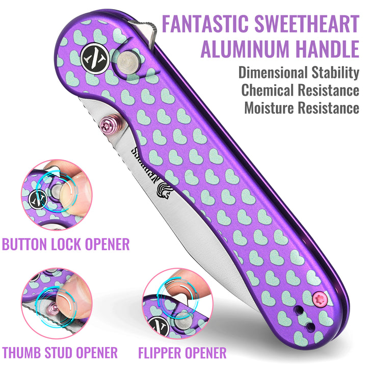 NedFoss SWEETHEART Violet Pocket Knife, 2.9" Blade EDC Knife, 14C28N Steel Button Lock Knife