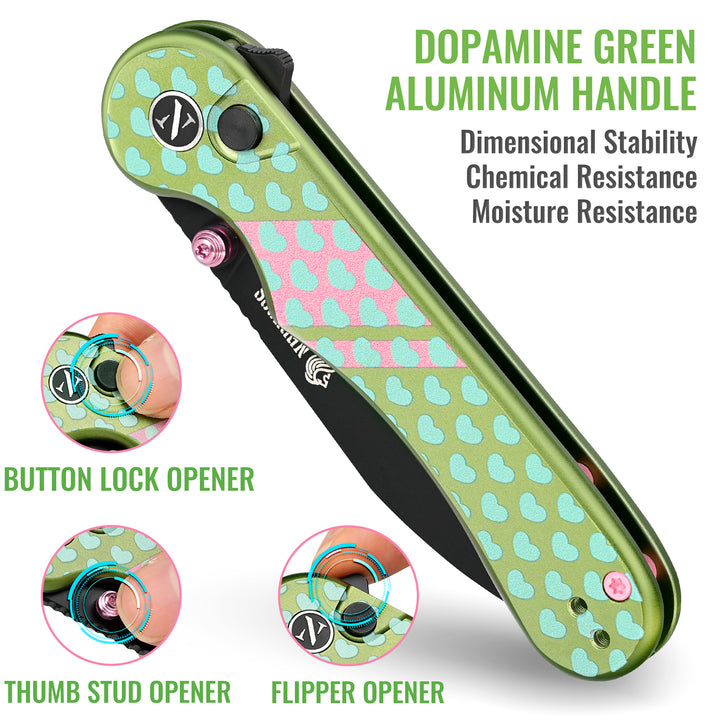 NedFoss DOPAMINE Pocket Knife for Men, 2.9" Blade Small EDC Knife, 14C28N Steel Button Lock Knife, Unique Heart Design Aluminum Handle Folding Women Knife