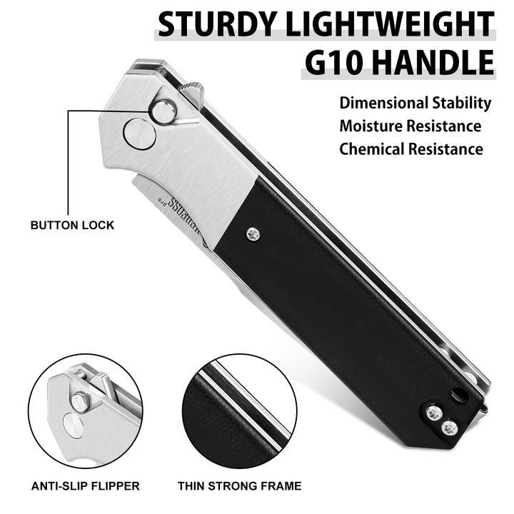 NedFoss BEAST Pocket Knife, 3.48" 14C28N Steel Blade Button Lock EDC Knife, Lightweight G10 Handle, Reversible Deep Pocket Clip, Tactical Knife for Men Women