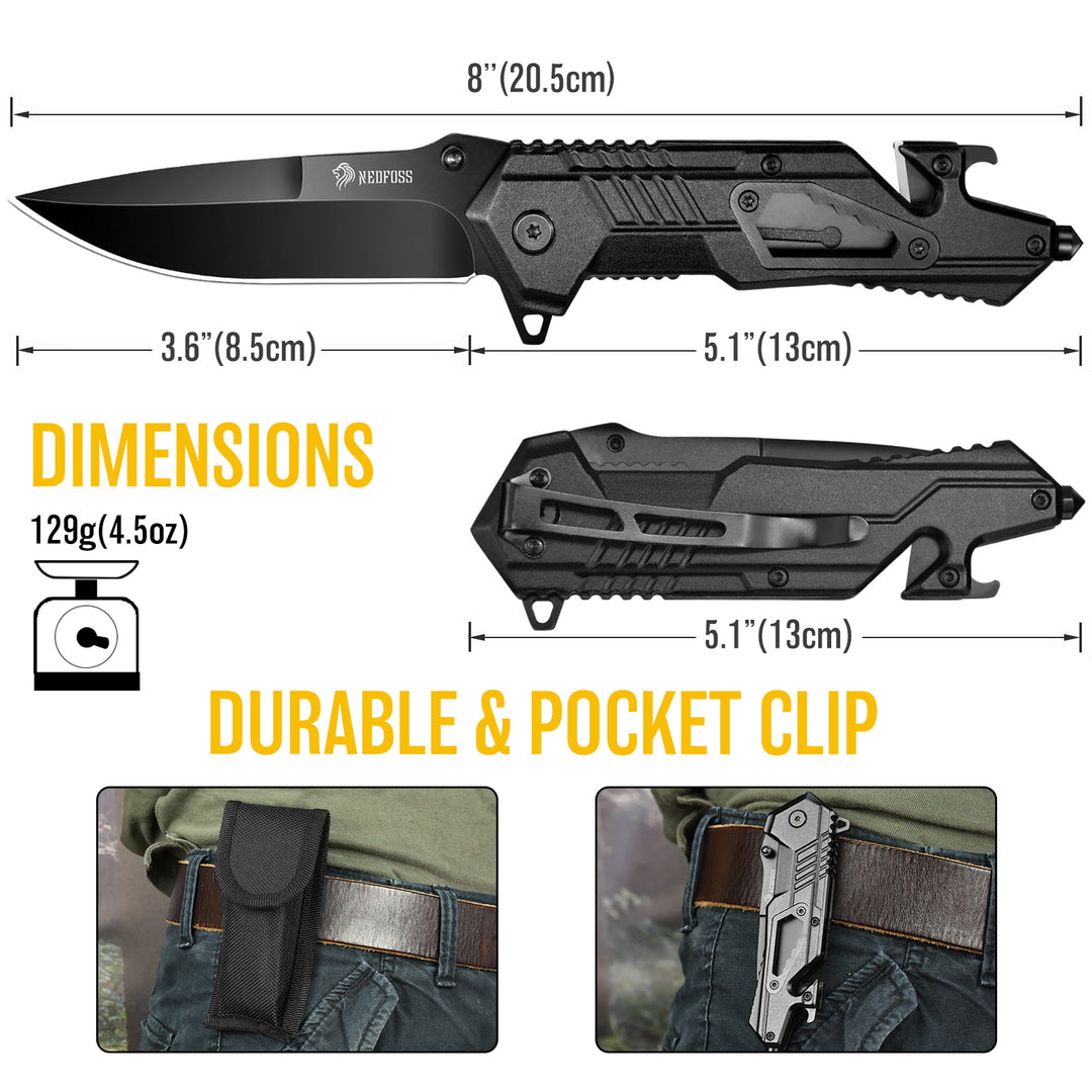 Nedfoss AK10 Tactical Pocket Folding Knife, 5 in 1 EDC Knife,3.6" 8CR14MOV Blade