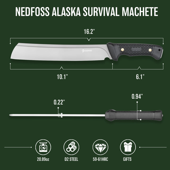 NedFoss 16" Survival Machete with Sheath, D2 Steel 0.22" Thick Blade Knife Machete with Flat Grinding