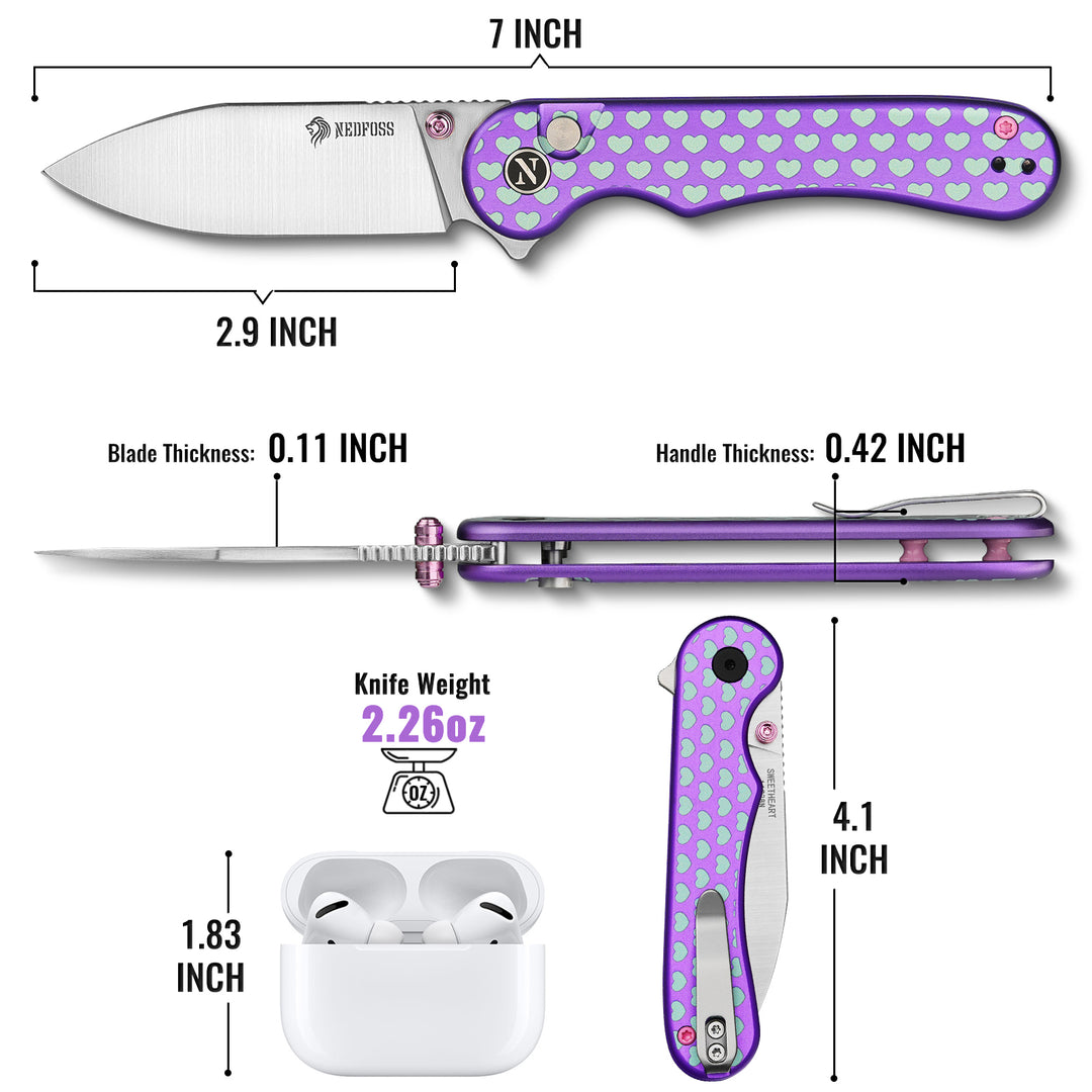 NedFoss SWEETHEART Violet Pocket Knife, 2.9" Blade EDC Knife, 14C28N Steel Button Lock Knife