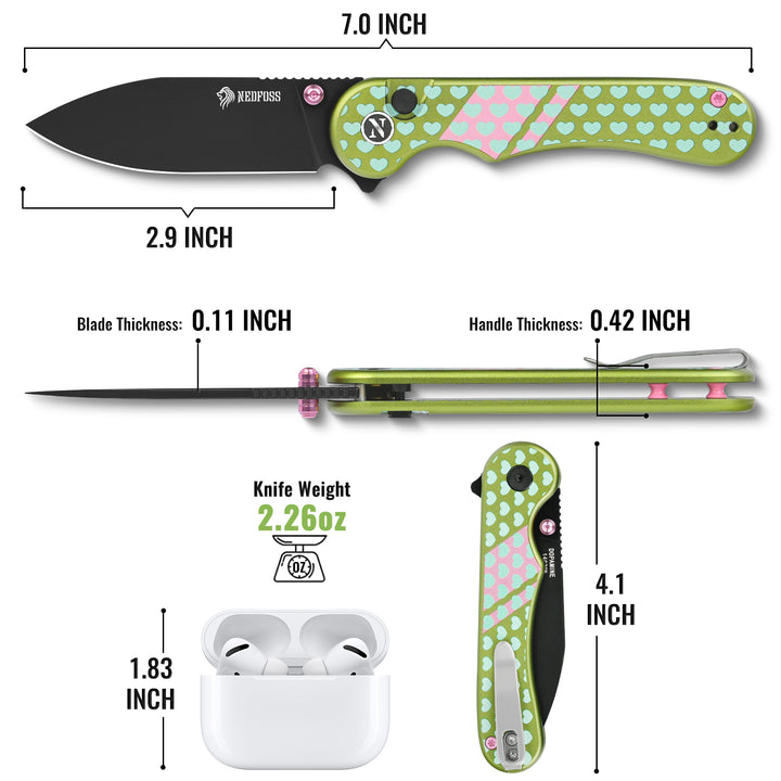 NedFoss DOPAMINE Pocket Knife for Men, 2.9" Blade Small EDC Knife, 14C28N Steel Button Lock Knife, Unique Heart Design Aluminum Handle Folding Women Knife