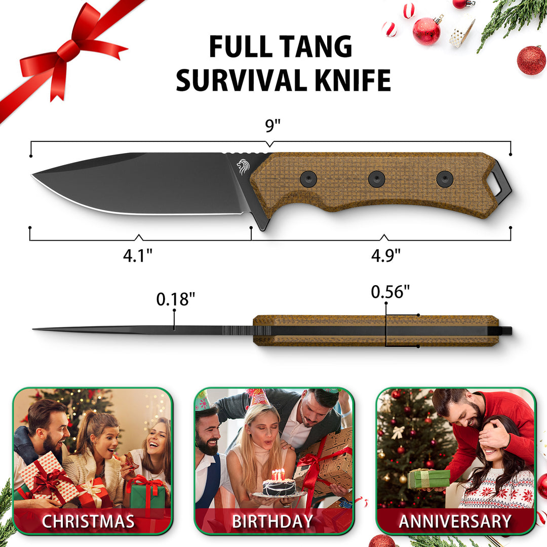NedFoss BOAR 4.1" D2 Steel Full Tang Survival Knife with with Kydex Sheath and Fire Starter