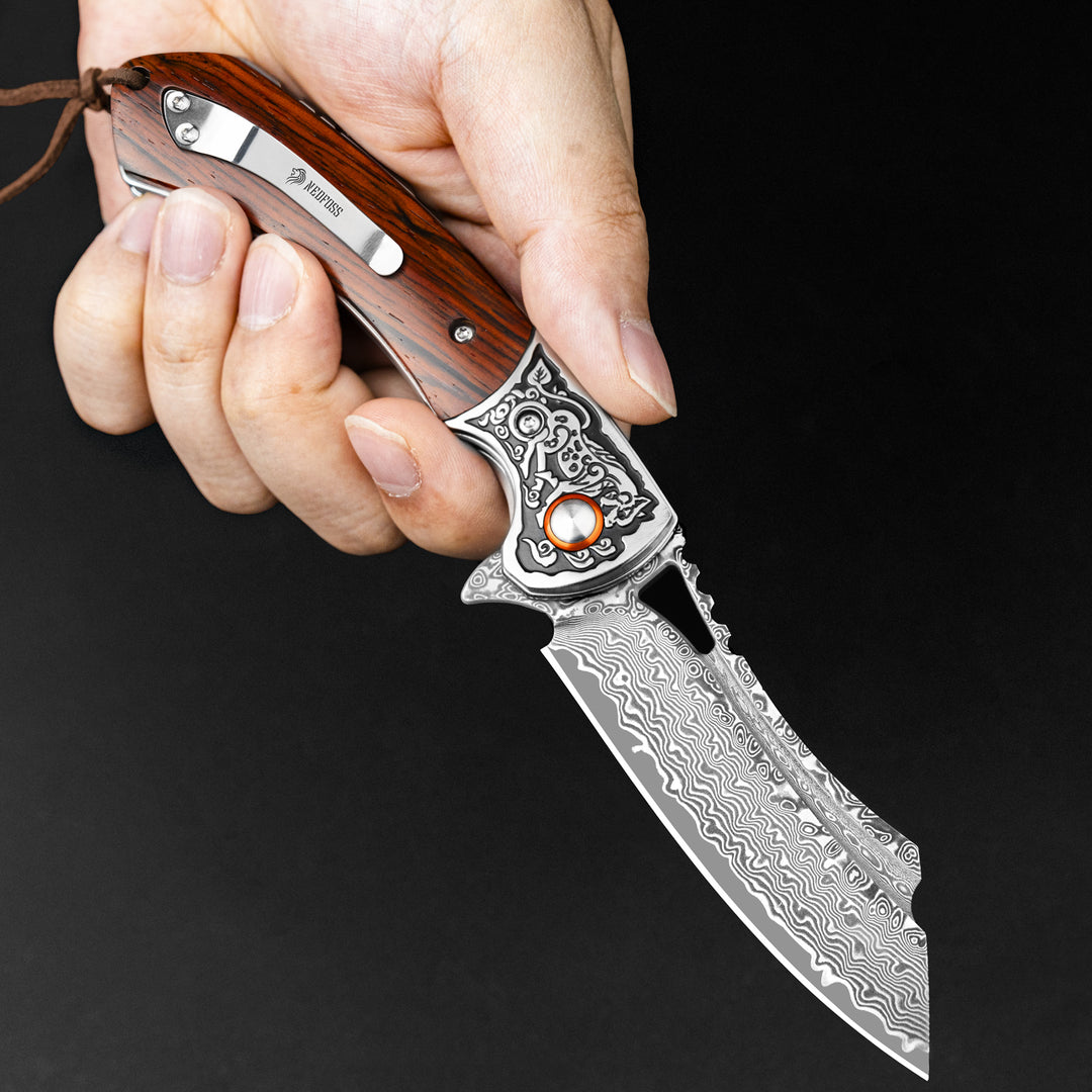  NedFoss Heron Damascus Pocket Knife for Men, Handmade