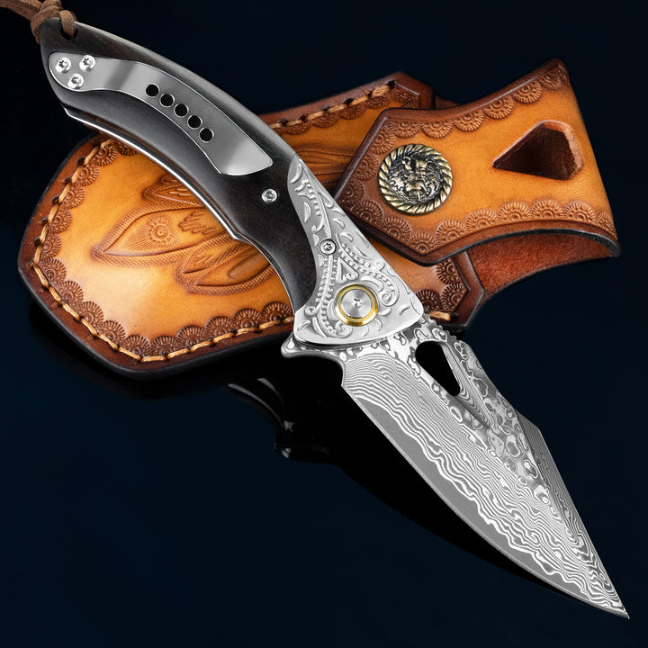 Nedfoss Griffin Damascus Pocket Knife, 3.5" VG10 Damascus Steel Blade and Sandalwood Handle, Comes with Retro Leather Sheath