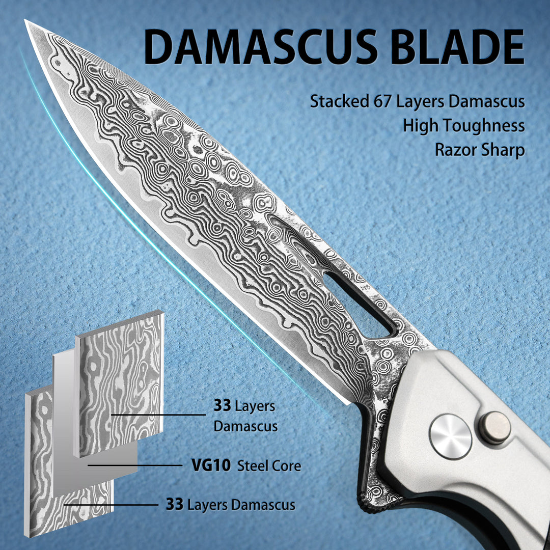 NedFoss ELF III Damascus Pocket Knife, 3.28" Button Lock EDC Folding Knife with G10 Handle