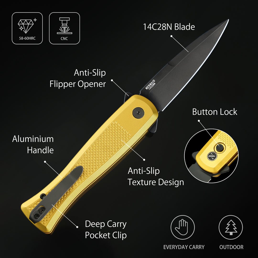 NedFoss MERMAID II Pocket Knife, 3.18" 14C28N Steel Small EDC Button Lock Knife with Aluminum Handle