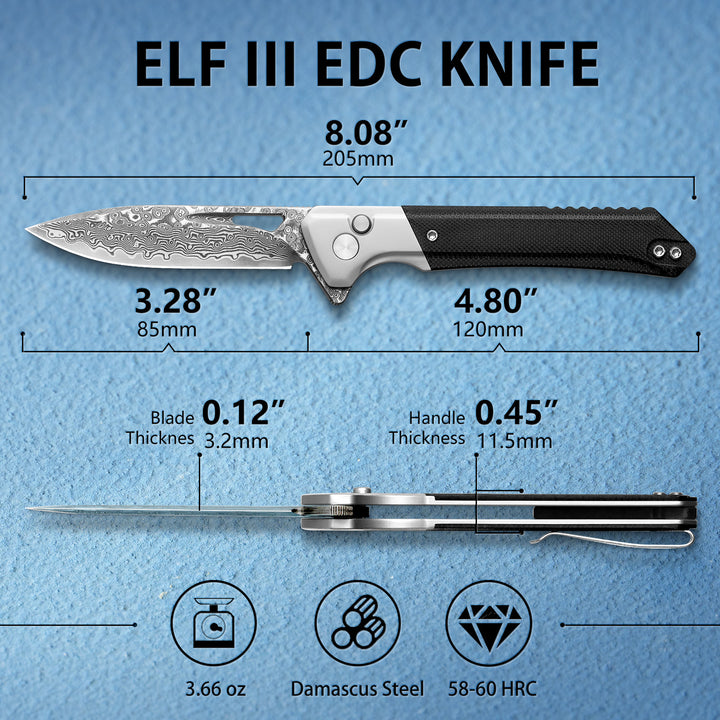 NedFoss ELF III Damascus Pocket Knife, 3.28" Button Lock EDC Folding Knife with G10 Handle