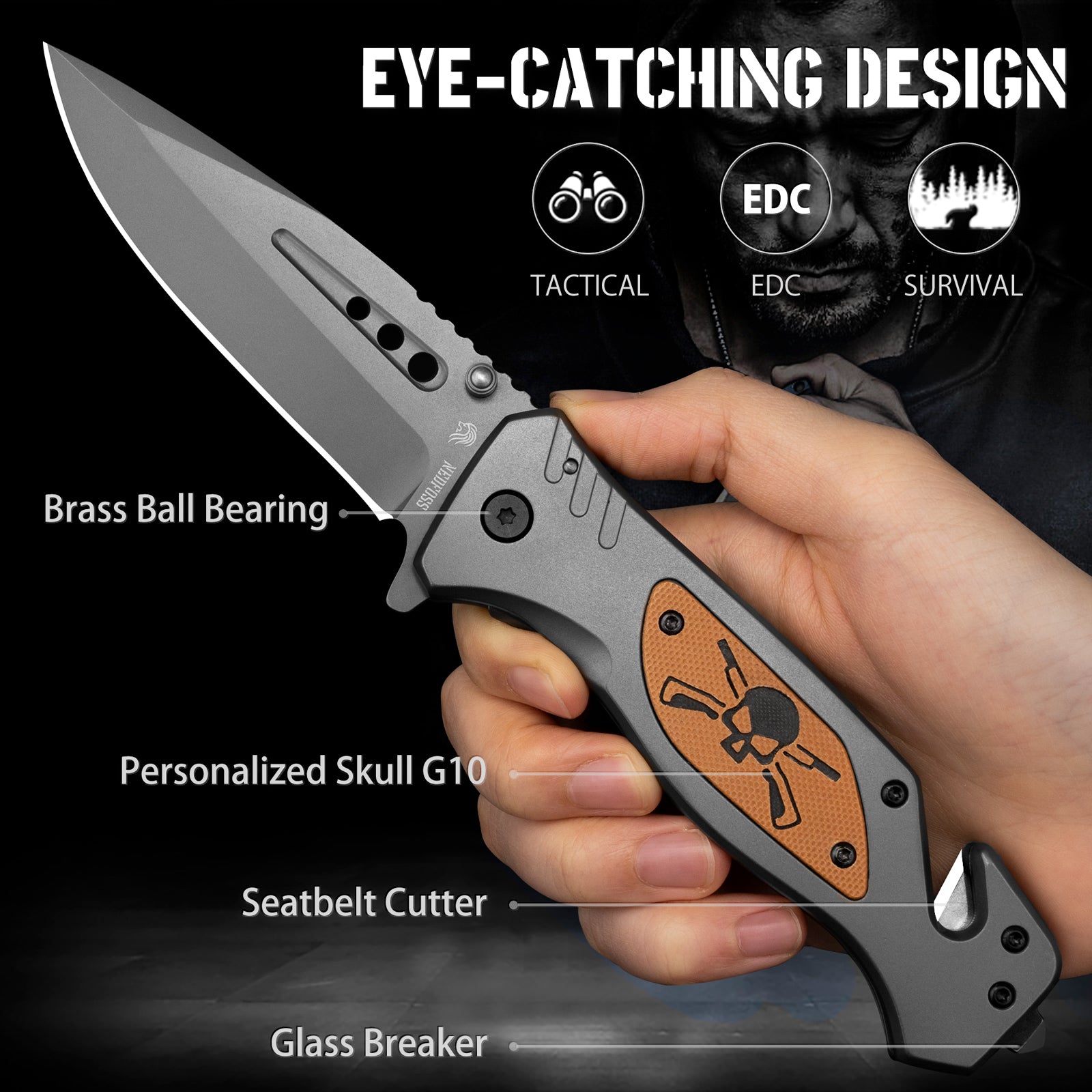 Tactical Folding Knife with Glass Breaker and Seatbelt Cutter Pocket Clip Skull G10 Handle NedFoss Knife