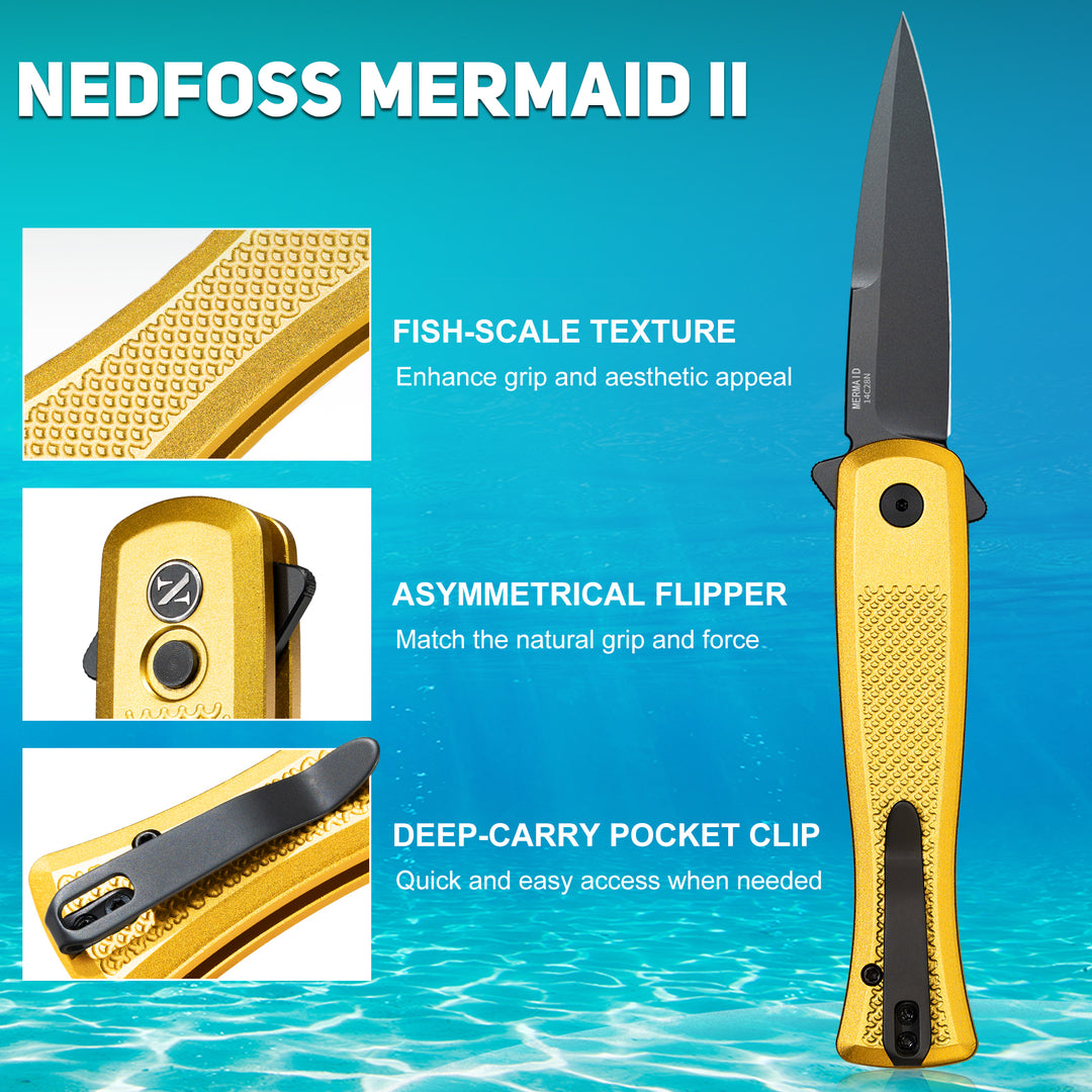 NedFoss MERMAID II Pocket Knife, 3.18" 14C28N Steel Small EDC Button Lock Knife with Aluminum Handle