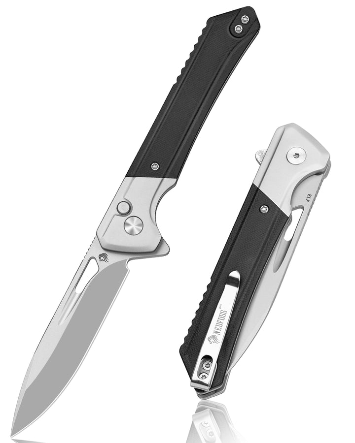 NedFoss ELF II Pocket Knife, 3.28" 14C28N Blade Button Lock EDC Knife with G10 Handle