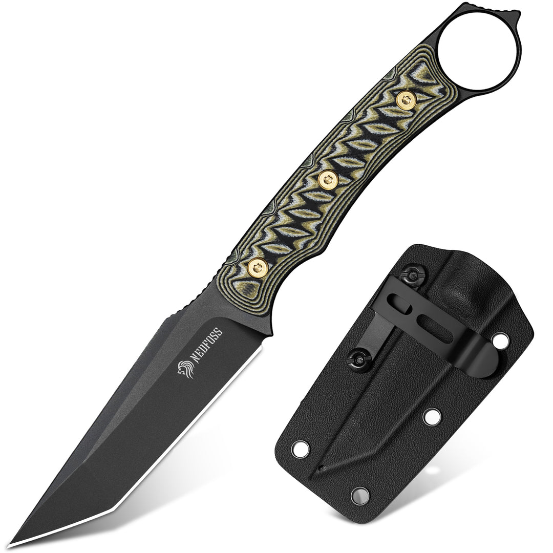 NedFoss PIONEER Small EDC Fixed Blade Knife - 3.4" Full Tang 14C28N Steel Tanto Blade, G10 Handle w/Kydex Sheath, Horizontal Carry for Camping & Tactical EDC Knife