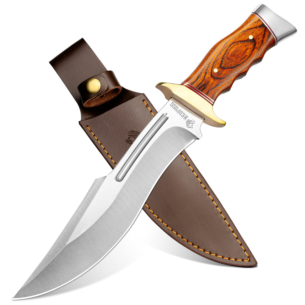 Fixed Blade Knife with Wood Handle, 158mm 9CR Blade with Leather
