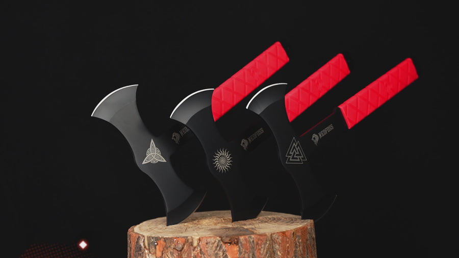 Bat Throwing Axes Set Pack Of 3 Full Tang Blade Tpr Rubber Handle Nedfoss Knife